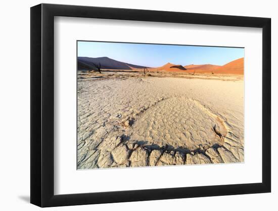 Parched Ground and Dead Acacia Surrounded by Sandy Dunes, Sossusvlei, Namib Naukluft National Park-Roberto Moiola-Framed Photographic Print