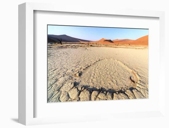 Parched Ground and Dead Acacia Surrounded by Sandy Dunes, Sossusvlei, Namib Naukluft National Park-Roberto Moiola-Framed Photographic Print