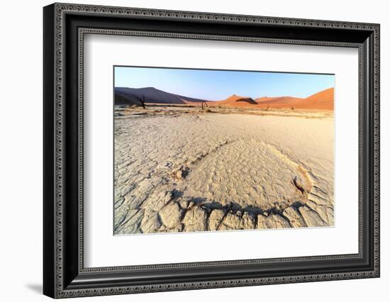 Parched Ground and Dead Acacia Surrounded by Sandy Dunes, Sossusvlei, Namib Naukluft National Park-Roberto Moiola-Framed Photographic Print