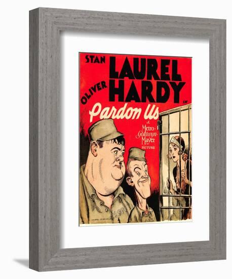 PARDON US, from left: Oliver Hardy, Stan Laurel on window card, 1931.-null-Framed Premium Giclee Print