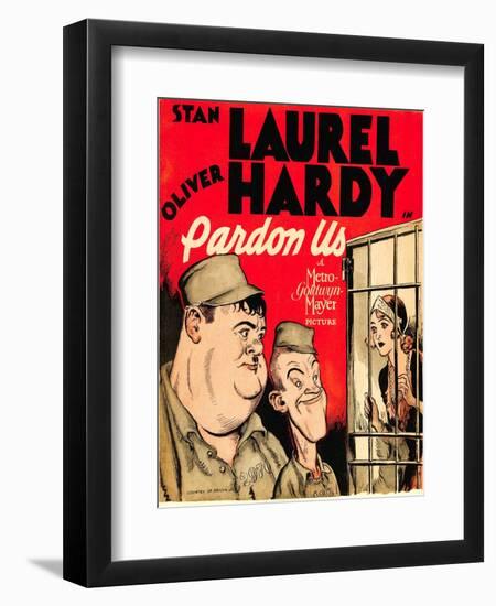 PARDON US, from left: Oliver Hardy, Stan Laurel on window card, 1931.-null-Framed Premium Giclee Print