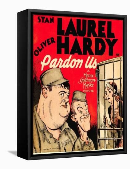 PARDON US, from left: Oliver Hardy, Stan Laurel on window card, 1931.-null-Framed Stretched Canvas