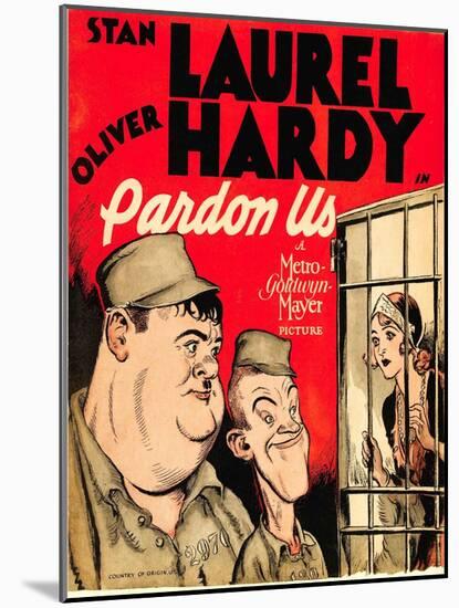 PARDON US, from left: Oliver Hardy, Stan Laurel on window card, 1931.-null-Mounted Art Print