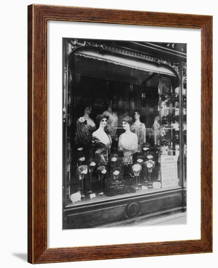 Paris, 1912 - Hairdresser's Shop Window, boulevard de Strasbourg-Eugene Atget-Framed Art Print