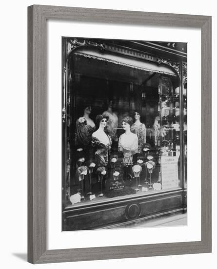 Paris, 1912 - Hairdresser's Shop Window, boulevard de Strasbourg-Eugene Atget-Framed Art Print