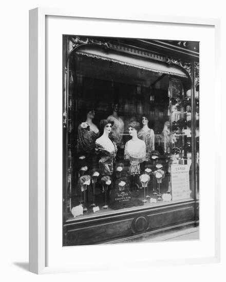 Paris, 1912 - Hairdresser's Shop Window, boulevard de Strasbourg-Eugene Atget-Framed Art Print