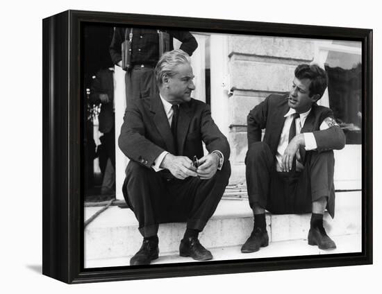 PARIS BRULE-T-IL ?, 1966 by RENE CLEMENT On the set, Rene Clement with Jean-Paul Belmondo (b/w phot-null-Framed Stretched Canvas