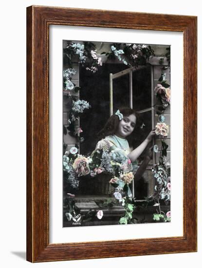 Paris, France - Little Girl at Window with Flowers-Lantern Press-Framed Art Print