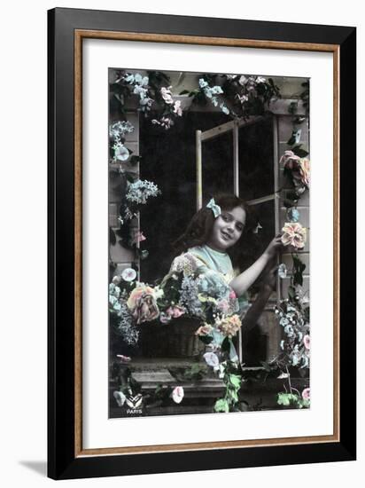Paris, France - Little Girl at Window with Flowers-Lantern Press-Framed Art Print
