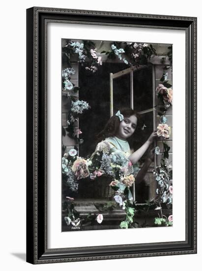 Paris, France - Little Girl at Window with Flowers-Lantern Press-Framed Art Print