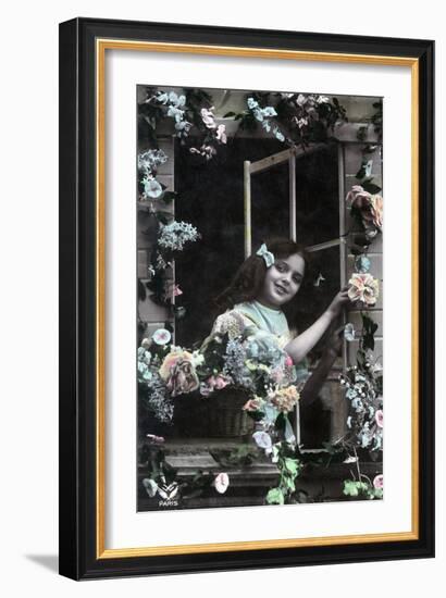 Paris, France - Little Girl at Window with Flowers-Lantern Press-Framed Art Print