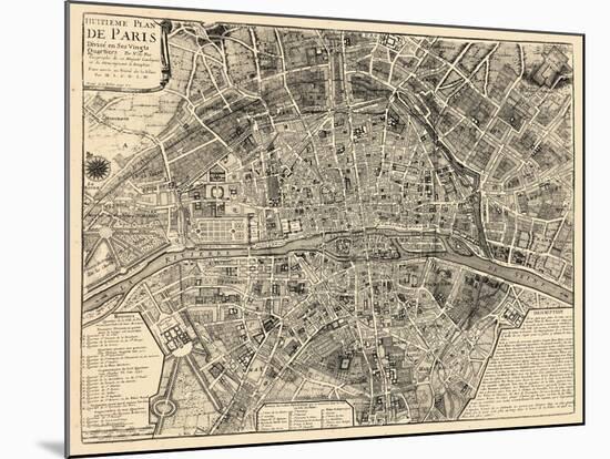 Paris, France, Vintage Map-null-Mounted Premium Giclee Print