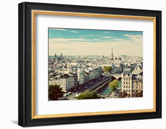 Paris Panorama, France. View on Eiffel Tower and Seine River from Notre Dame Cathedral. Vintage, Re-Michal Bednarek-Framed Photographic Print