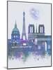 Paris Skyline Watercolour Splash Blue-Fab Funky-Mounted Art Print