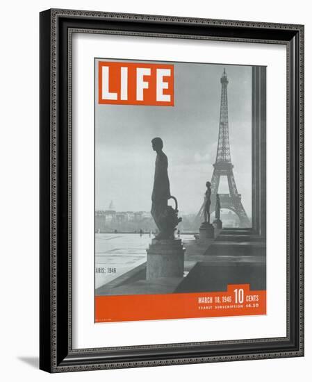 Paris, Statues with Eiffel Tower, March 18, 1946-Ed Clark-Framed Photographic Print