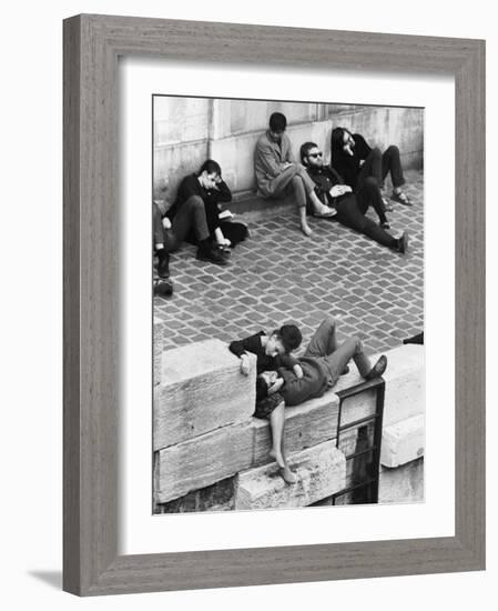 Parisian Beatniks Hanging Out on Bank of the Seine-Alfred Eisenstaedt-Framed Photographic Print