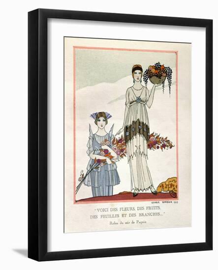 Parisian Fashion: Women in Evening Dresses “” Here are Flowers, Fruits, Leaves and Branches...””. C-Georges Barbier-Framed Giclee Print