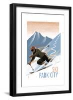 Park City, Utah - Downhill Skier Lithography Style-Lantern Press-Framed Art Print