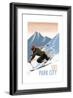 Park City, Utah - Downhill Skier Lithography Style-Lantern Press-Framed Art Print