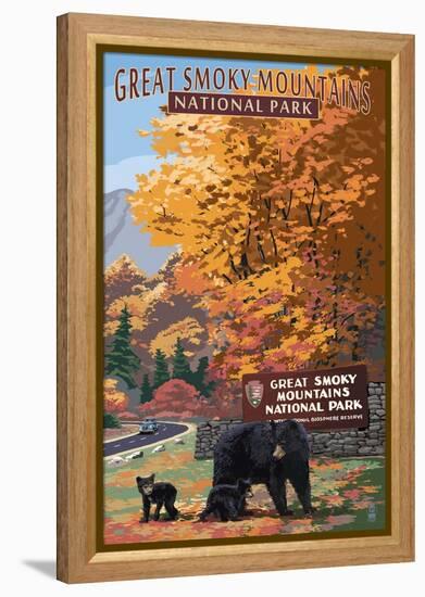 Park Entrance and Bear Family - Great Smoky Mountains National Park, TN-Lantern Press-Framed Stretched Canvas