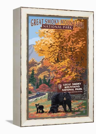 Park Entrance and Bear Family - Great Smoky Mountains National Park, TN-Lantern Press-Framed Stretched Canvas