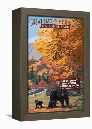 Park Entrance and Bear Family - Great Smoky Mountains National Park, TN-Lantern Press-Framed Stretched Canvas