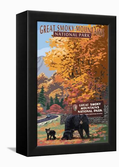 Park Entrance and Bear Family - Great Smoky Mountains National Park, TN-Lantern Press-Framed Stretched Canvas