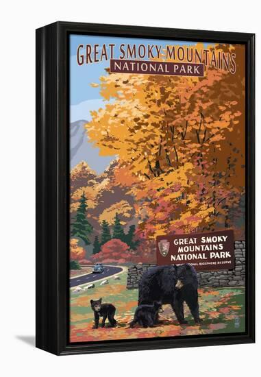 Park Entrance and Bear Family - Great Smoky Mountains National Park, TN-Lantern Press-Framed Stretched Canvas