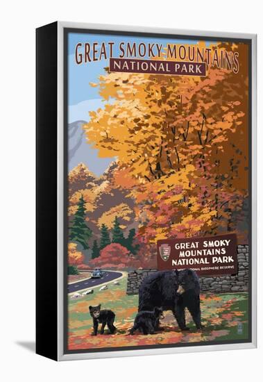 Park Entrance and Bear Family - Great Smoky Mountains National Park, TN-Lantern Press-Framed Stretched Canvas