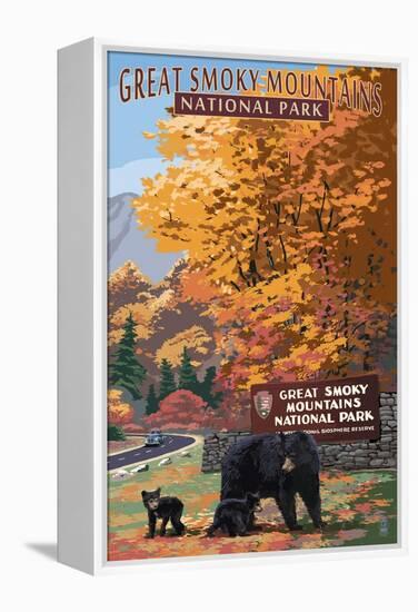 Park Entrance and Bear Family - Great Smoky Mountains National Park, TN-Lantern Press-Framed Stretched Canvas