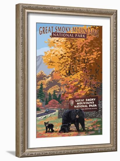 Park Entrance and Bear Family - Great Smoky Mountains National Park, TN-Lantern Press-Framed Premium Giclee Print