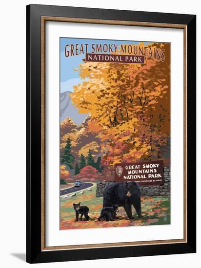 Park Entrance and Bear Family - Great Smoky Mountains National Park, TN-Lantern Press-Framed Premium Giclee Print