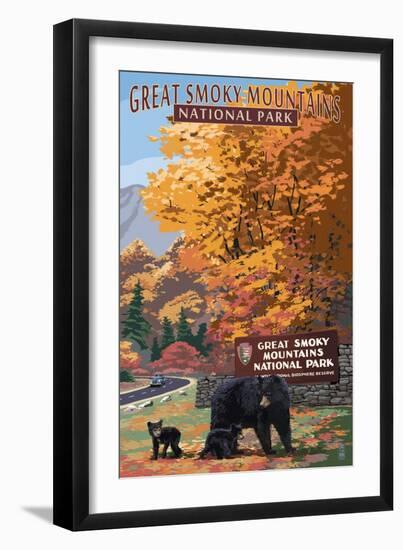 Park Entrance and Bear Family - Great Smoky Mountains National Park, TN-Lantern Press-Framed Premium Giclee Print