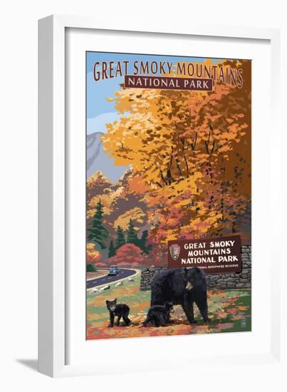 Park Entrance and Bear Family - Great Smoky Mountains National Park, TN-Lantern Press-Framed Premium Giclee Print