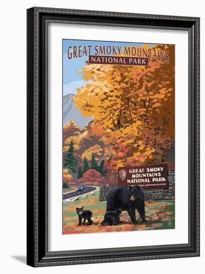 Park Entrance and Bear Family - Great Smoky Mountains National Park, TN-Lantern Press-Framed Premium Giclee Print