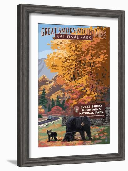 Park Entrance and Bear Family - Great Smoky Mountains National Park, TN-Lantern Press-Framed Art Print