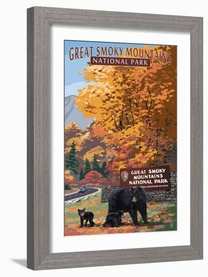 Park Entrance and Bear Family - Great Smoky Mountains National Park, TN-Lantern Press-Framed Art Print