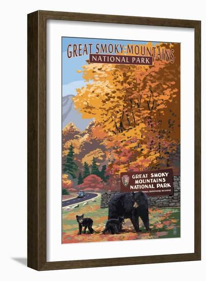 Park Entrance and Bear Family - Great Smoky Mountains National Park, TN-Lantern Press-Framed Art Print