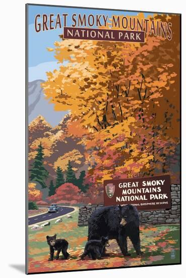 Park Entrance and Bear Family - Great Smoky Mountains National Park, TN-Lantern Press-Mounted Art Print