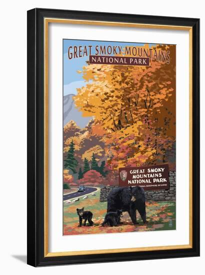 Park Entrance and Bear Family - Great Smoky Mountains National Park, TN-Lantern Press-Framed Art Print