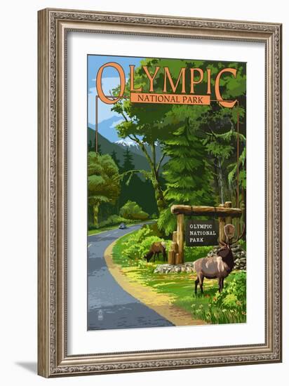 Park Entrance and Elk - Olympic National Park, Washington-Lantern Press-Framed Art Print