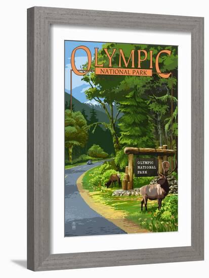 Park Entrance and Elk - Olympic National Park, Washington-Lantern Press-Framed Art Print