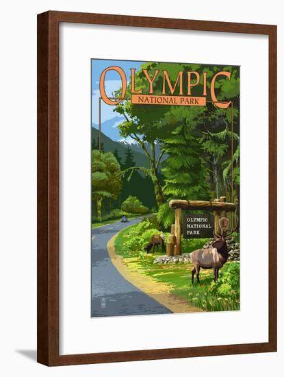 Park Entrance and Elk - Olympic National Park, Washington-Lantern Press-Framed Art Print