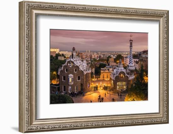 Park Guell with City Skyline Behind at Dusk, Barcelona, Catalonia, Spain-Stefano Politi Markovina-Framed Photographic Print