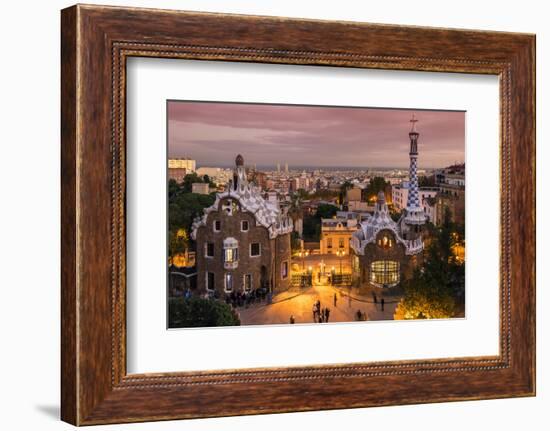 Park Guell with City Skyline Behind at Dusk, Barcelona, Catalonia, Spain-Stefano Politi Markovina-Framed Photographic Print