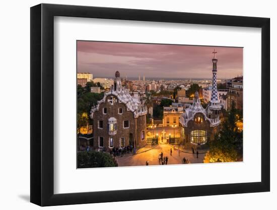 Park Guell with City Skyline Behind at Dusk, Barcelona, Catalonia, Spain-Stefano Politi Markovina-Framed Photographic Print