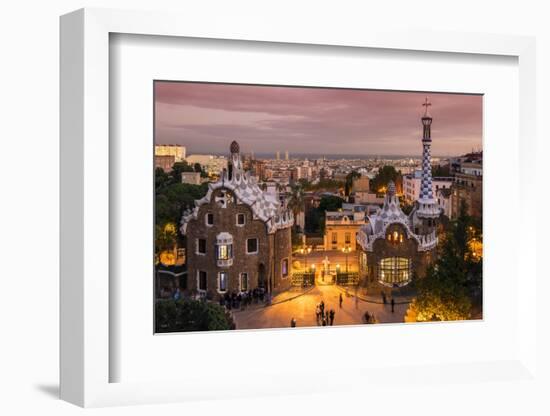 Park Guell with City Skyline Behind at Dusk, Barcelona, Catalonia, Spain-Stefano Politi Markovina-Framed Photographic Print