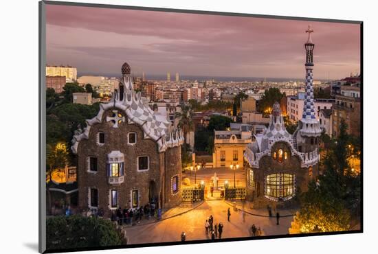 Park Guell with City Skyline Behind at Dusk, Barcelona, Catalonia, Spain-Stefano Politi Markovina-Mounted Photographic Print