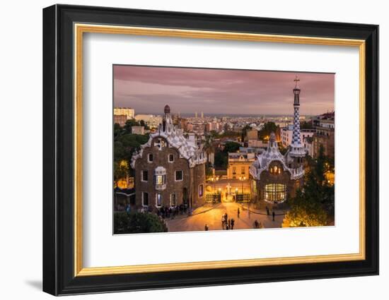 Park Guell with City Skyline Behind at Dusk, Barcelona, Catalonia, Spain-Stefano Politi Markovina-Framed Photographic Print