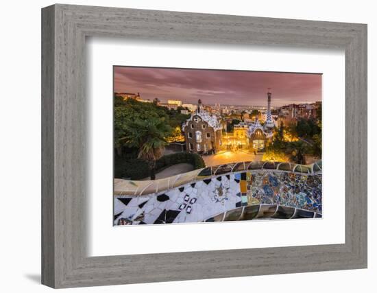 Park Guell with City Skyline Behind at Dusk, Barcelona, Catalonia, Spain-Stefano Politi Markovina-Framed Photographic Print